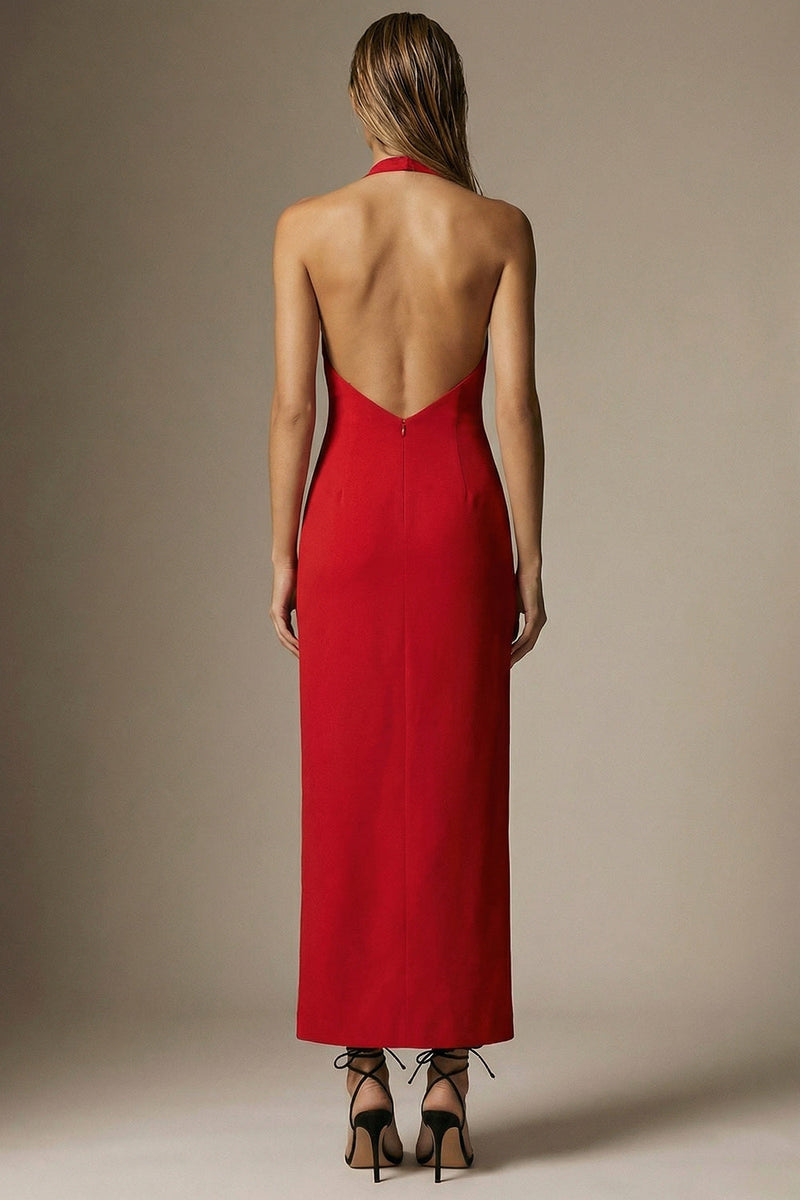 Load image into Gallery viewer, Red Sheath Halter Long Backless Formal Dress with Bow