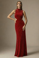 Load image into Gallery viewer, Dark Red Velvet High Neck Sheath Cut Out Long Formal Dress