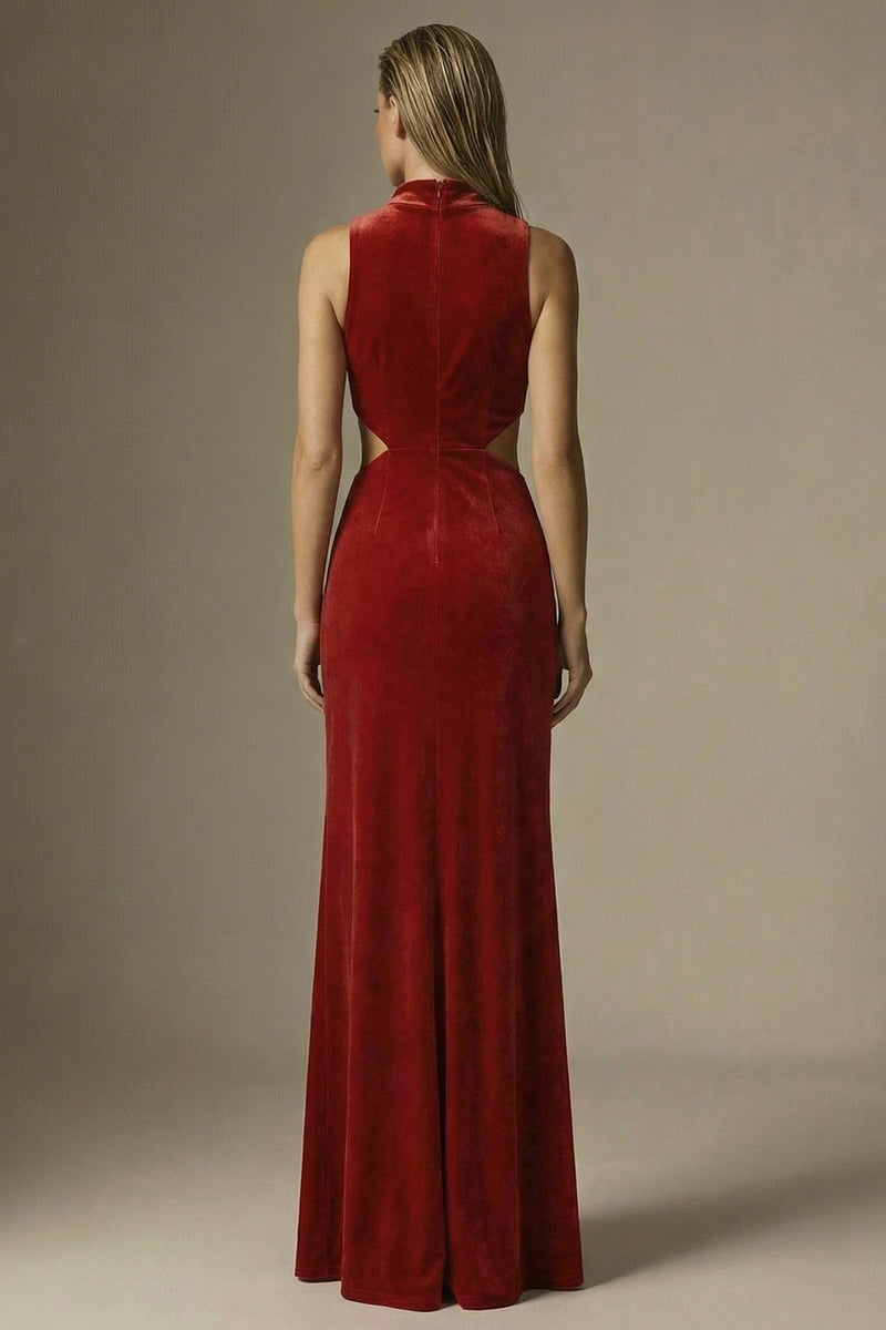 Load image into Gallery viewer, Dark Red Velvet High Neck Sheath Cut Out Long Formal Dress