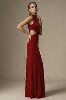 Load image into Gallery viewer, Dark Red Velvet High Neck Sheath Cut Out Long Formal Dress