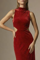 Load image into Gallery viewer, Dark Red Velvet High Neck Sheath Cut Out Long Formal Dress
