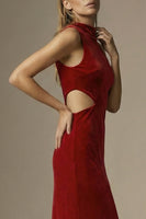 Load image into Gallery viewer, Dark Red Velvet High Neck Sheath Cut Out Long Formal Dress