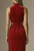 Load image into Gallery viewer, Dark Red Velvet High Neck Sheath Cut Out Long Formal Dress
