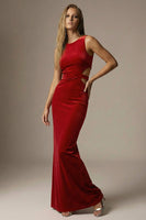 Load image into Gallery viewer, Dark Red Velvet Mermaid Cut Out Round Neck Long Formal Dress