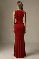Load image into Gallery viewer, Dark Red Velvet Mermaid Cut Out Round Neck Long Formal Dress