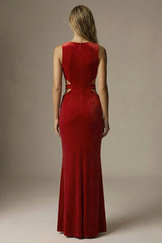 Dark Red Velvet Mermaid Cut Out Round Neck Long Formal Dress