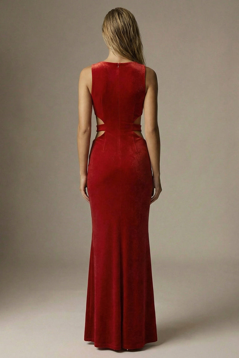 Load image into Gallery viewer, Dark Red Velvet Mermaid Cut Out Round Neck Long Formal Dress