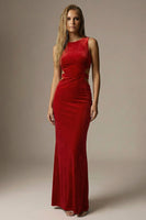Load image into Gallery viewer, Dark Red Velvet Mermaid Cut Out Round Neck Long Formal Dress