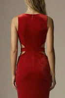 Load image into Gallery viewer, Dark Red Velvet Mermaid Cut Out Round Neck Long Formal Dress