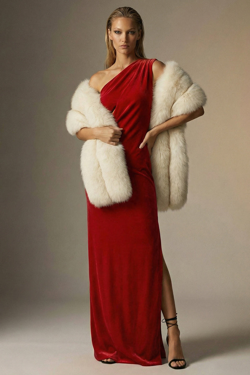 Load image into Gallery viewer, Velvet Dark Red One Shoulder Sheath Long Formal Dress with Slit