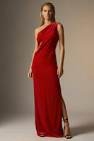 Load image into Gallery viewer, Velvet Dark Red One Shoulder Sheath Long Formal Dress with Slit
