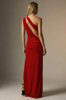 Load image into Gallery viewer, Velvet Dark Red One Shoulder Sheath Long Formal Dress with Slit
