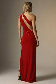Velvet Dark Red One Shoulder Sheath Long Formal Dress with Slit