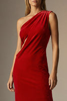 Load image into Gallery viewer, Velvet Dark Red One Shoulder Sheath Long Formal Dress with Slit