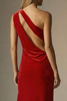 Load image into Gallery viewer, Velvet Dark Red One Shoulder Sheath Long Formal Dress with Slit