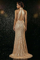 Load image into Gallery viewer, Sparkly Champagne Mermaid Sequins Halter Long Prom Dress with Slit