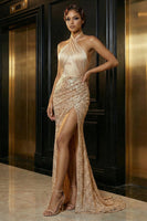 Load image into Gallery viewer, Sparkly Champagne Mermaid Sequins Halter Long Prom Dress with Slit