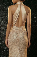 Load image into Gallery viewer, Sparkly Champagne Mermaid Sequins Halter Long Prom Dress with Slit