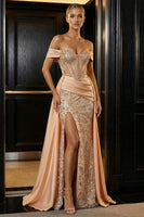 Load image into Gallery viewer, Sparkly Champagne Mermaid Off the Shoulder Long Corset Prom Dress with Slit