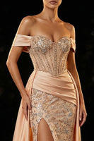 Load image into Gallery viewer, Sparkly Champagne Mermaid Off the Shoulder Long Corset Prom Dress with Slit