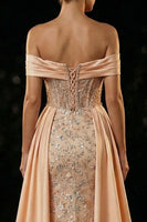 Load image into Gallery viewer, Sparkly Champagne Mermaid Off the Shoulder Long Corset Prom Dress with Slit