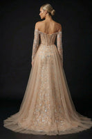 Load image into Gallery viewer, Sparkly Champagne Sequin Sheath Off the Shoulder Long Corset Prom Dress with Slit