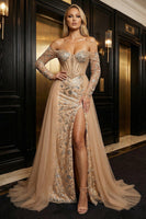 Load image into Gallery viewer, Sparkly Champagne Sequin Sheath Off the Shoulder Long Corset Prom Dress with Slit