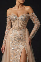 Load image into Gallery viewer, Sparkly Champagne Sequin Sheath Off the Shoulder Long Corset Prom Dress with Slit