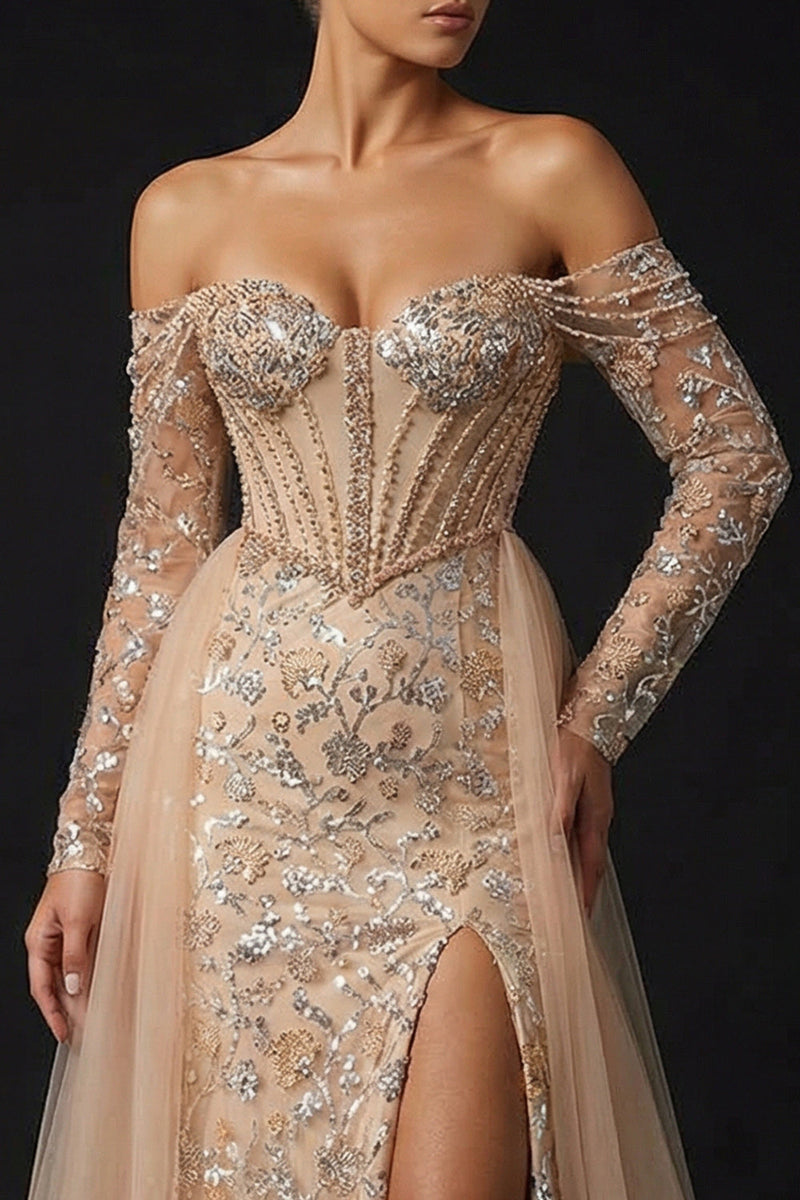 Load image into Gallery viewer, Sparkly Champagne Sequin Sheath Off the Shoulder Long Corset Prom Dress with Slit