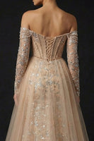 Load image into Gallery viewer, Sparkly Champagne Sequin Sheath Off the Shoulder Long Corset Prom Dress with Slit