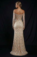 Load image into Gallery viewer, Sparkly Champagne Off the Shoulder Mermaid Long Corset Prom Dress with Slit