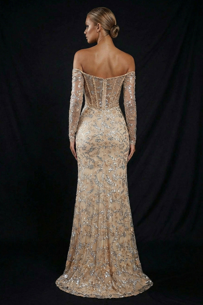 Load image into Gallery viewer, Sparkly Champagne Off the Shoulder Mermaid Long Corset Prom Dress with Slit