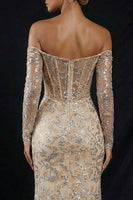Load image into Gallery viewer, Sparkly Champagne Off the Shoulder Mermaid Long Corset Prom Dress with Slit