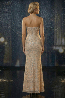 Sparkly Champagne Mermaid Sweetheart Long Corset Prom Dress