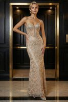 Load image into Gallery viewer, Sparkly Champagne Mermaid Sweetheart Long Corset Prom Dress