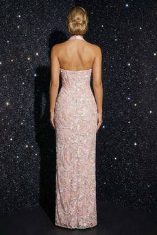 Floral Pink Halter Sheath Corset Long Prom Dress with Slit