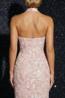Load image into Gallery viewer, Floral Pink Halter Sheath Corset Long Prom Dress with Slit
