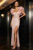 Load image into Gallery viewer, Floral Pink Thick Straps Corset Sheath Long Prom Dress with Ruffles