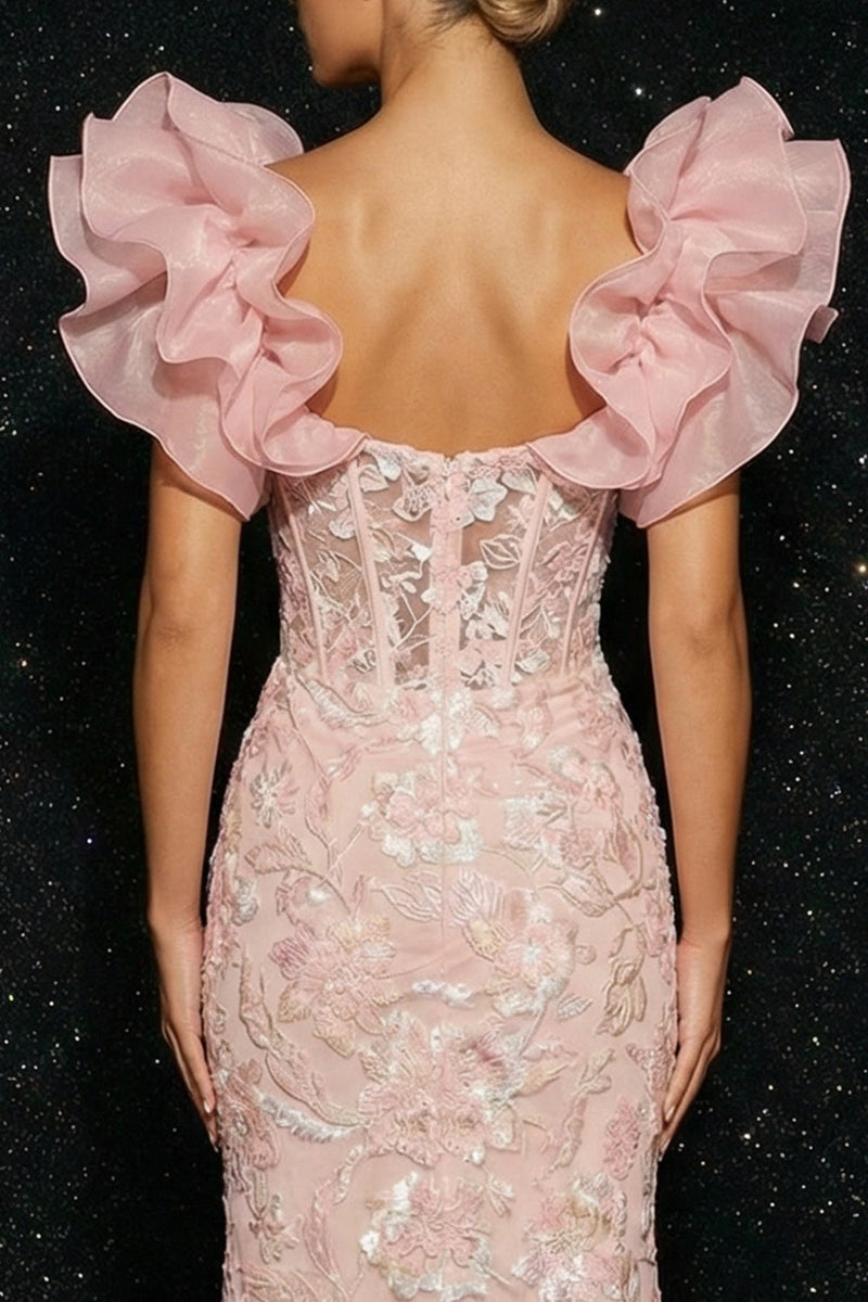Load image into Gallery viewer, Floral Pink Thick Straps Corset Sheath Long Prom Dress with Ruffles