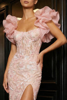 Load image into Gallery viewer, Floral Pink Thick Straps Corset Sheath Long Prom Dress with Ruffles