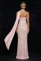 Load image into Gallery viewer, Pink Satin Mermaid Neck Scarf Corset Long Floral Prom Dress with Slit