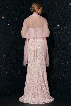 Floral Sheath Pink Spaghetti Straps Long Corset Prom Dress with Slit