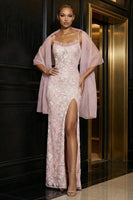Load image into Gallery viewer, Floral Sheath Pink Spaghetti Straps Long Corset Prom Dress with Slit