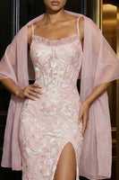 Load image into Gallery viewer, Floral Sheath Pink Spaghetti Straps Long Corset Prom Dress with Slit