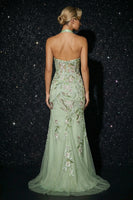 Load image into Gallery viewer, Floral Green Halter Appliqued Corset Long Prom Dress with Slit