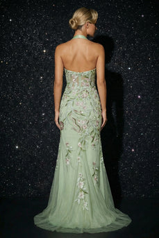 Floral Green Halter Appliqued Corset Long Prom Dress with Slit