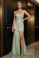 Load image into Gallery viewer, Floral Green Halter Appliqued Corset Long Prom Dress with Slit