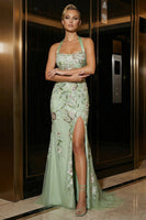 Load image into Gallery viewer, Floral Green Halter Appliqued Corset Long Prom Dress with Slit