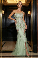 Load image into Gallery viewer, Floral Green Strapless Mermaid Tulle Long Corset Prom Dress with Slit
