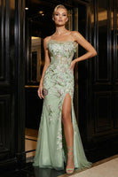 Load image into Gallery viewer, Floral Green Strapless Mermaid Tulle Long Corset Prom Dress with Slit